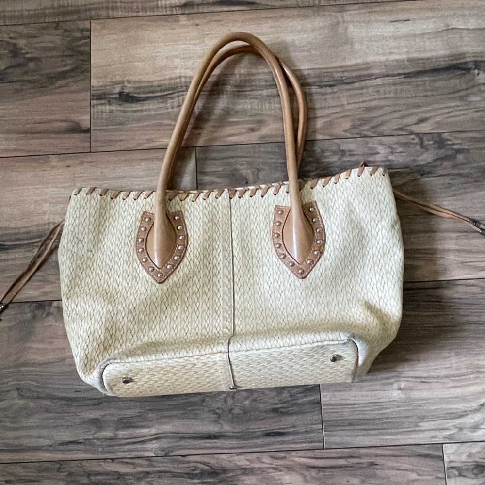 made in Italy Roberta Gandolfi Leather Satchel Hobo Bag Studs Distressed Tan